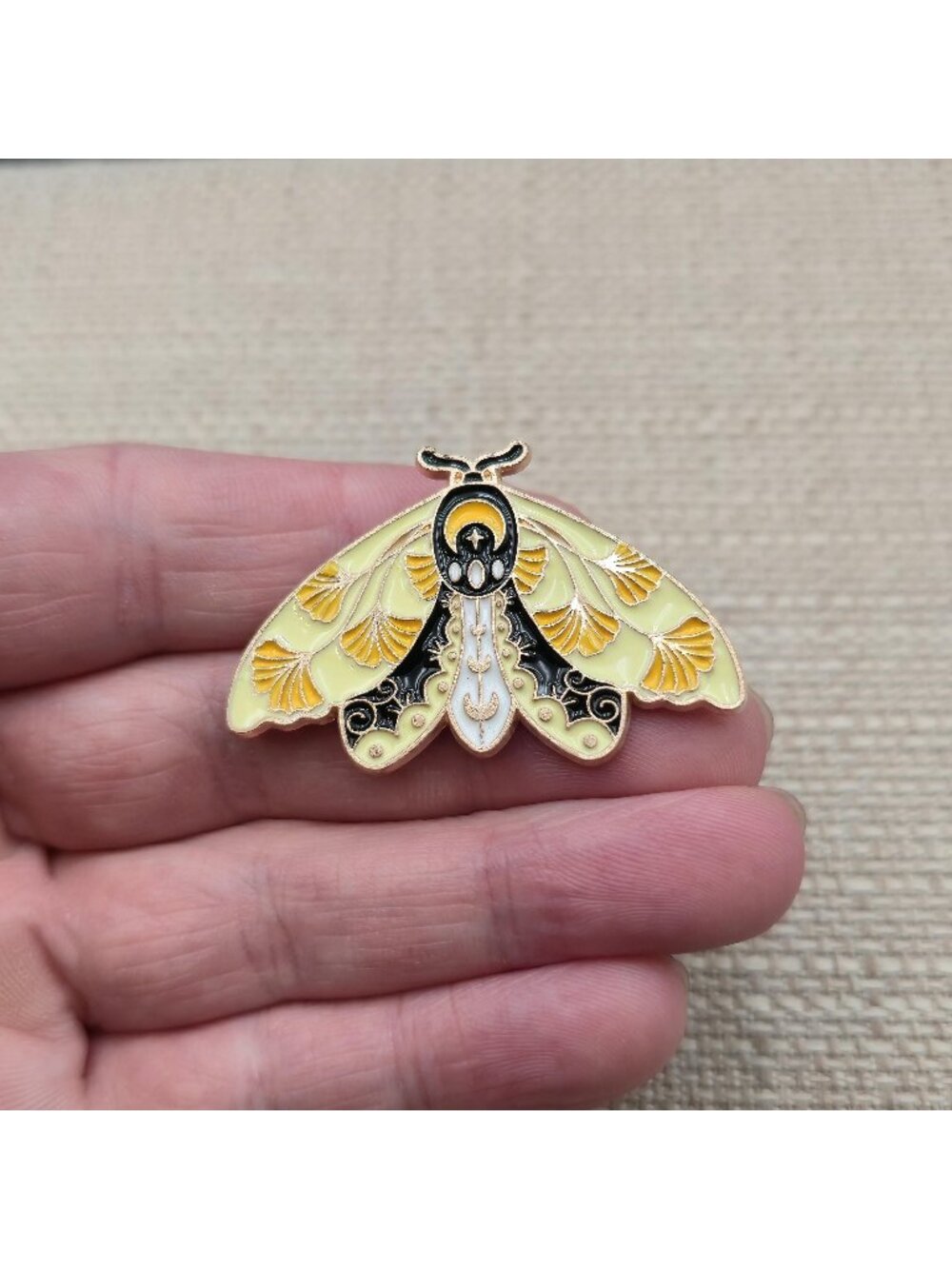 Yellow Ginkgo Leaf Moth Enamel Pin - Celestial Moon Phase Insect Brooch A8942